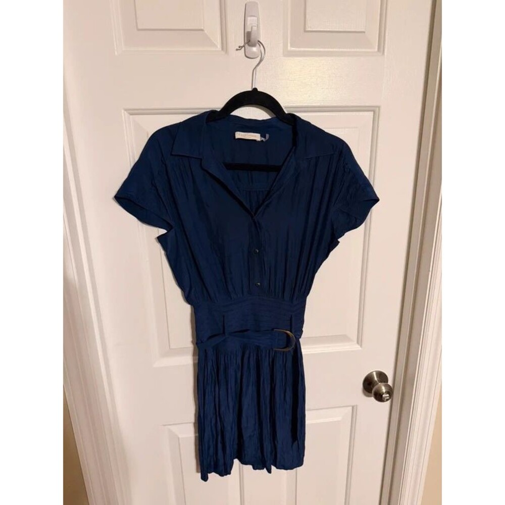 Ramy Brook Navy Blue Silk Cap-Sleeve Belted Shirtdress XS